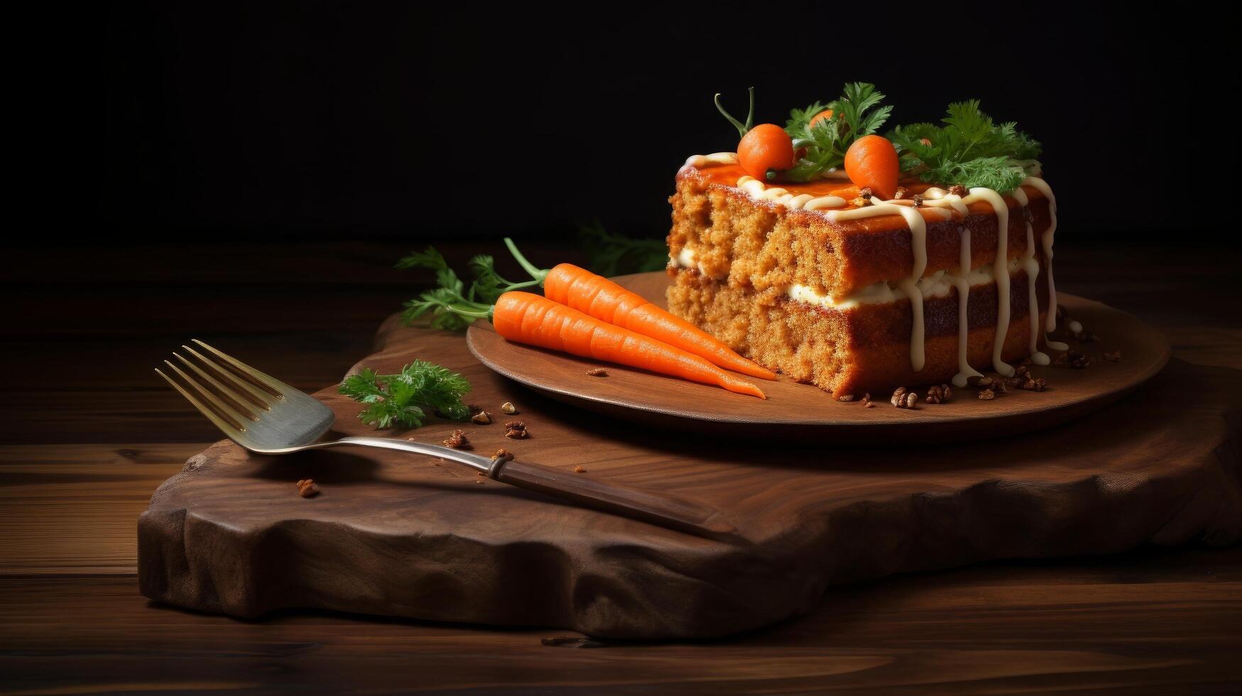 ai generado delicioso Zanahoria pastel rebanada en de madera mesa foto