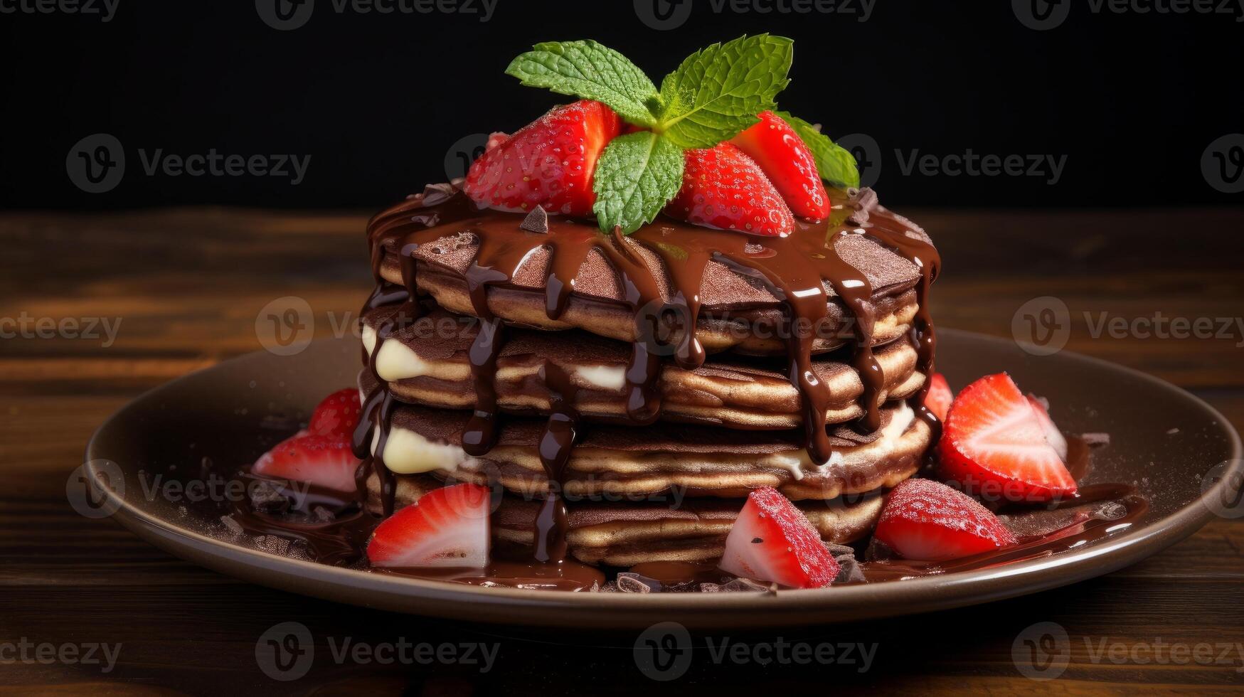AI generated Delicious Pancake Stack Topped with Chocolate and Strawberries photo