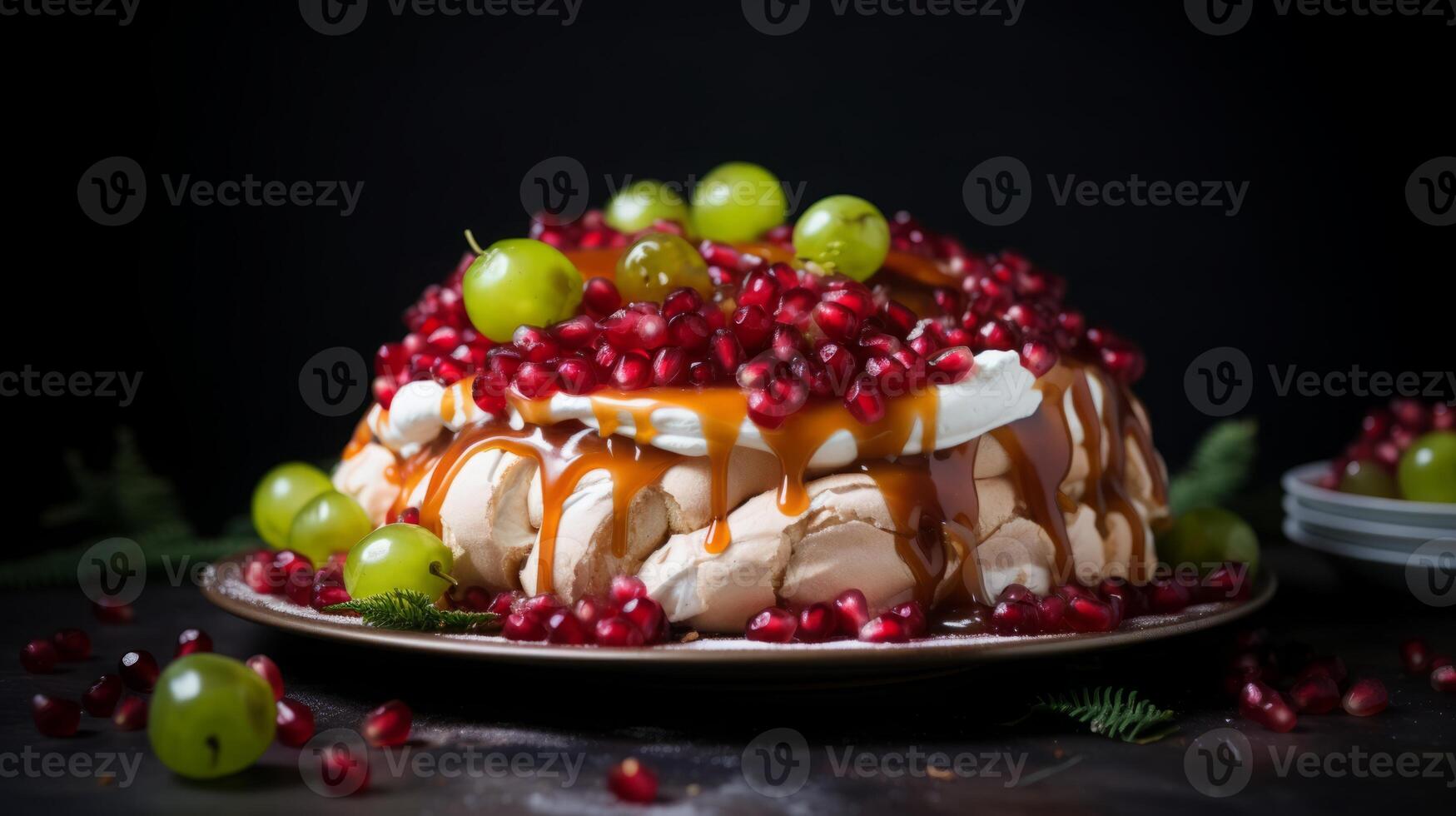 AI generated Pavlova Cake with Redcurrants and Mint photo
