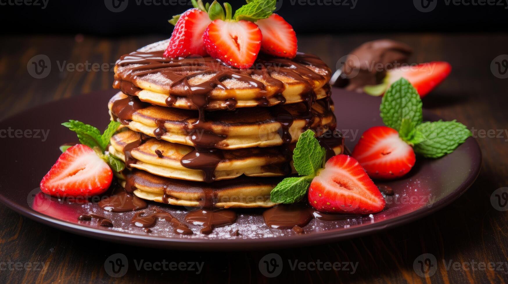 AI generated Delicious Pancake Stack Topped with Chocolate and Strawberries photo