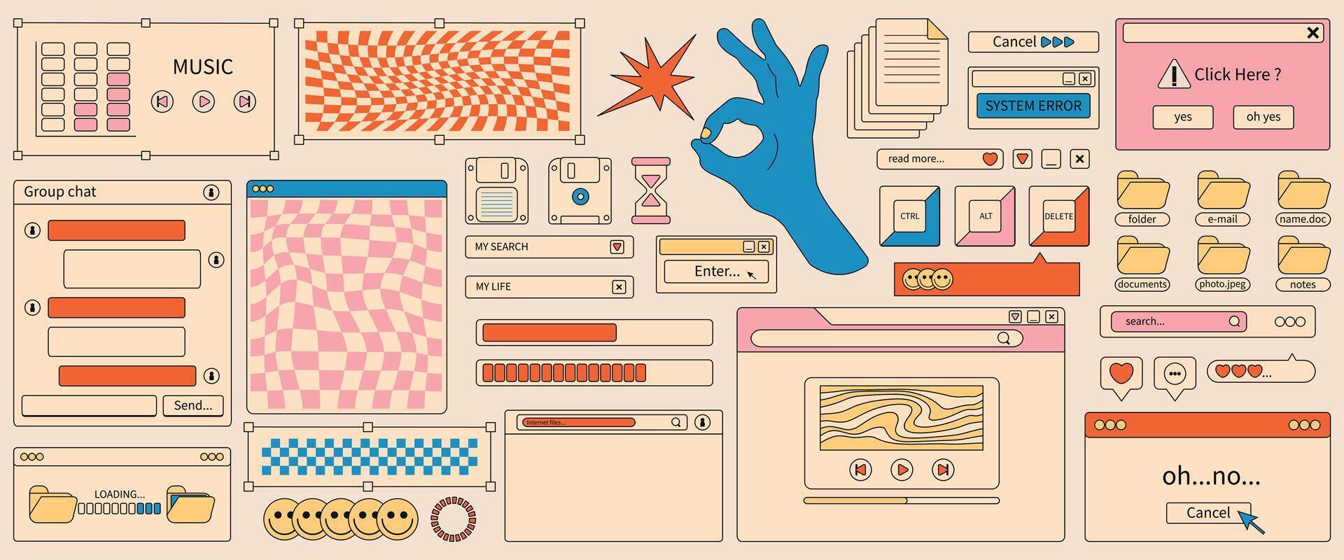 conjunto de web diseño usuario interfaz en y2k estilo. retro elementos iconos, botones, computadora pantalla, carpetas, archivos, monitor, documentos, descargar. vector pegatinas en moderno estilo.