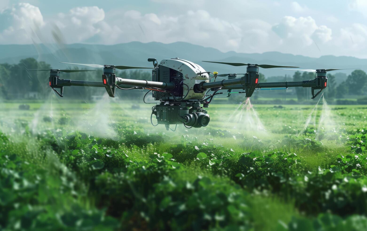 AI generated Drone Spraying Crops at Sunrise photo