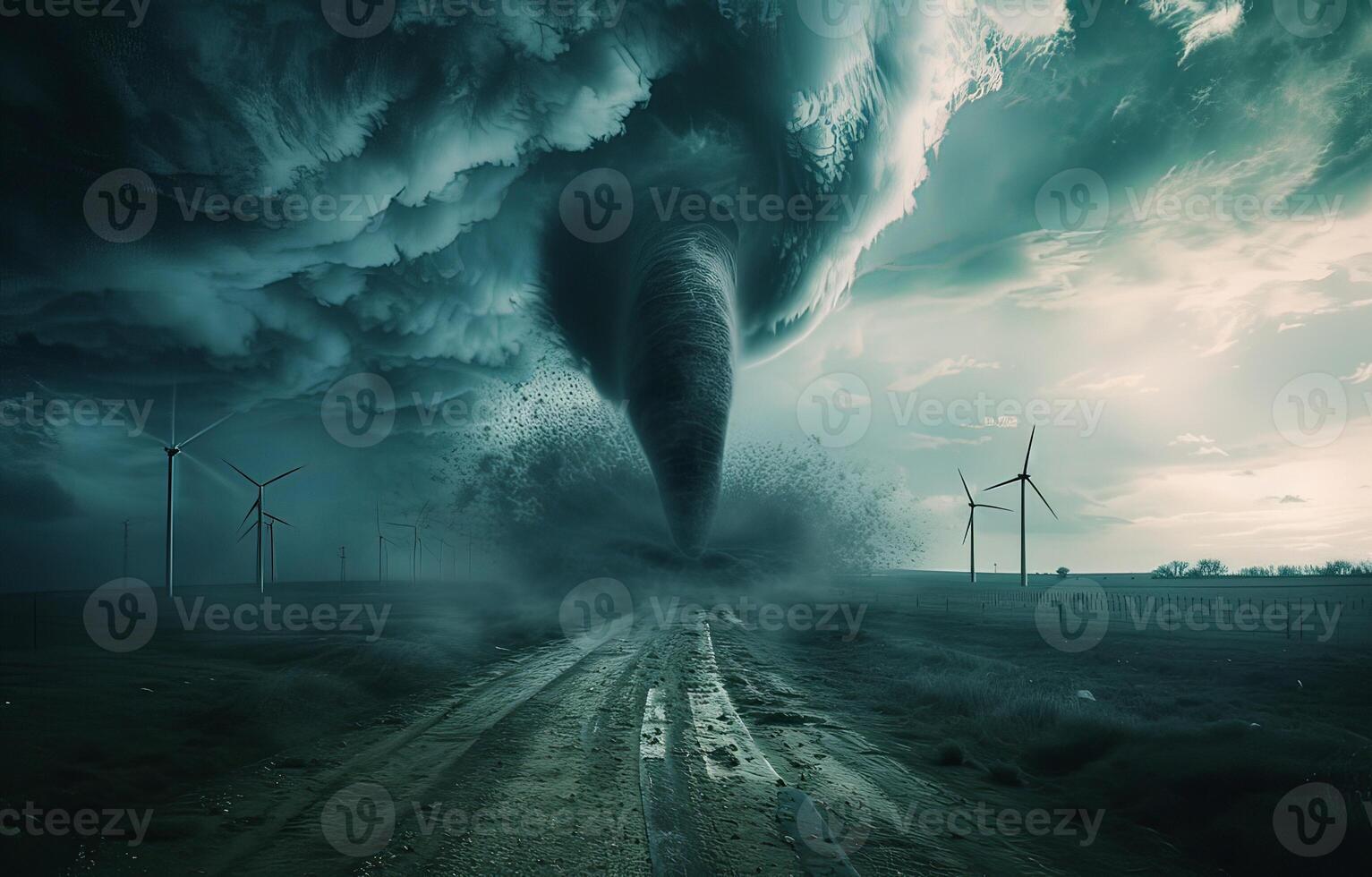 AI generated Tornado swirling in the sky with turbines, extreme weather events concept photo