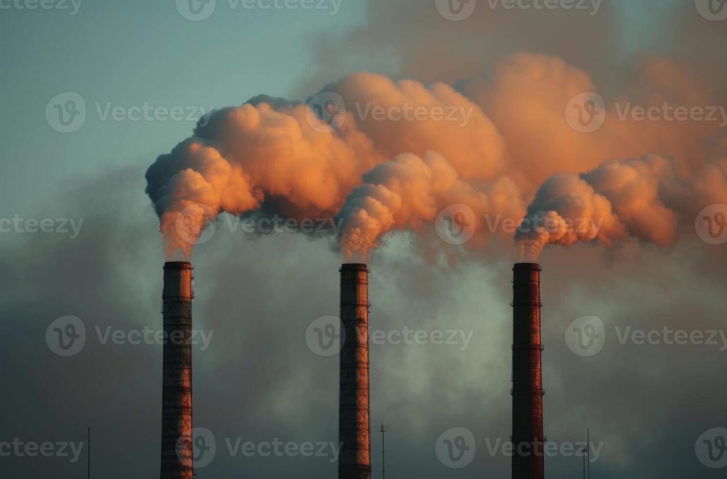 AI generated Three steam pipe chimneys emitting air into the sky, pollution and industrial impact concept photo