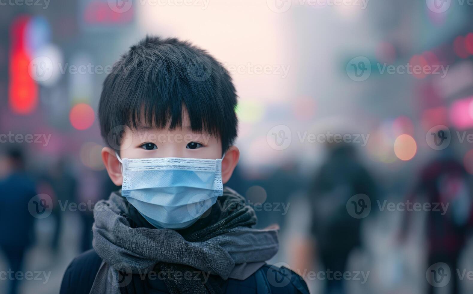 AI generated Young boy in face mask navigating crowded city streets, air pollution and smog picture photo