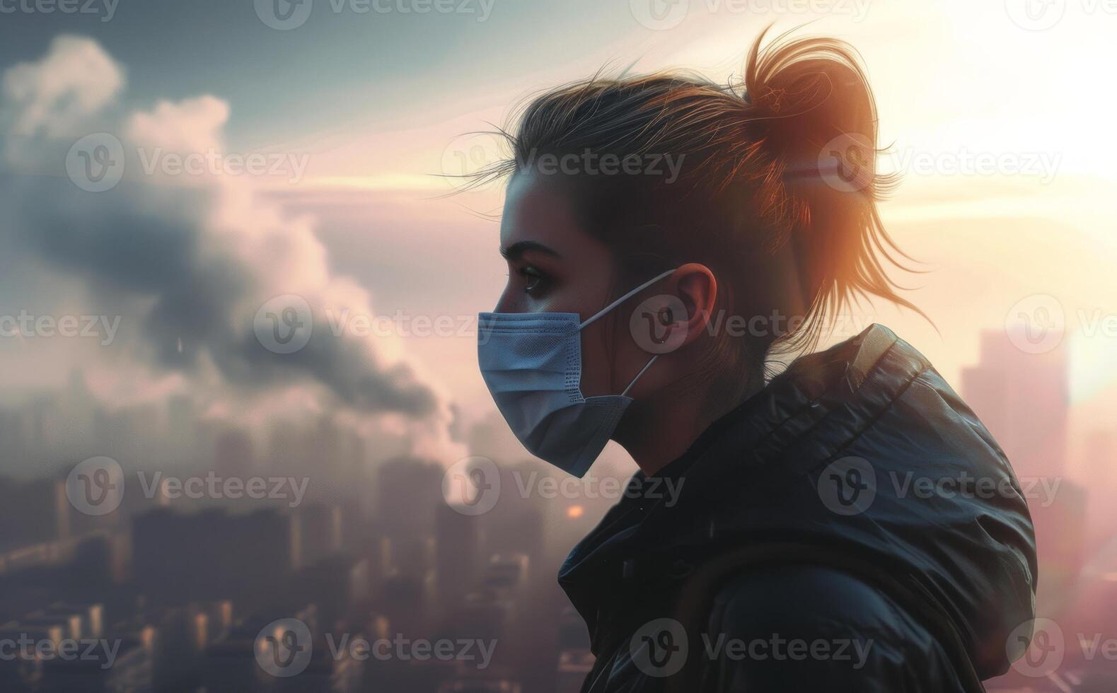 AI generated Woman in face mask looking at the city skyline, air pollution and smog image photo