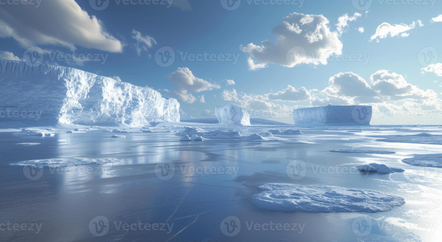 AI generated A frozen lake with huge icebergs creating a wintry scene, melting glaciers and icebergs picture photo