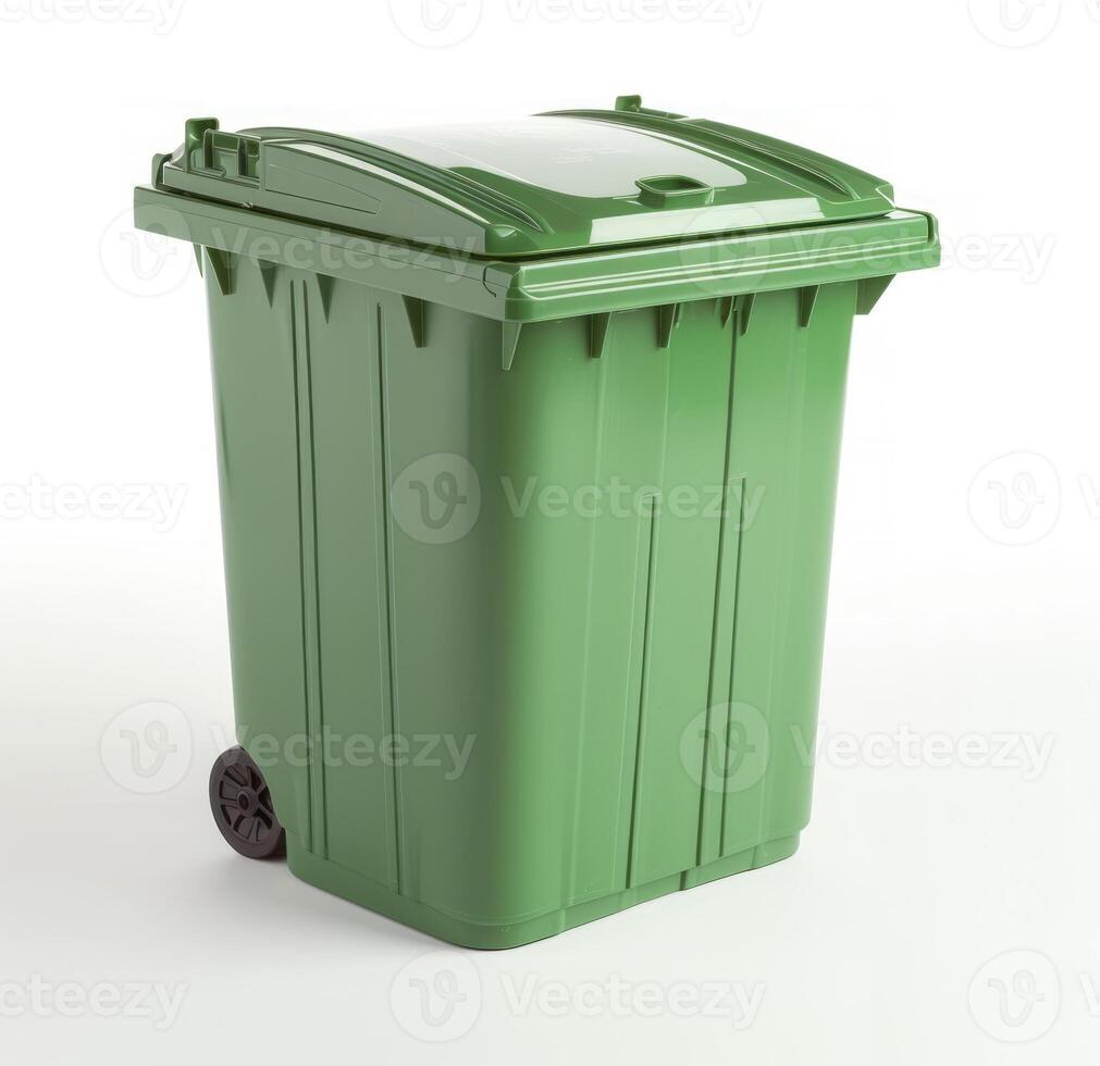 AI generated Green recycling bin on white background, composting and waste reduction picture photo