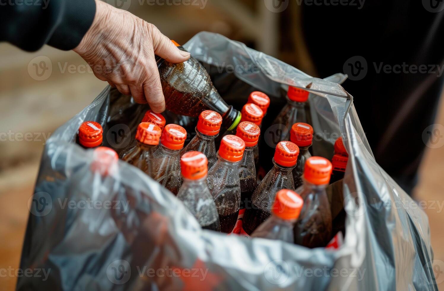 AI generated Person putting soda bottles into a trash bag, composting and waste reduction image photo