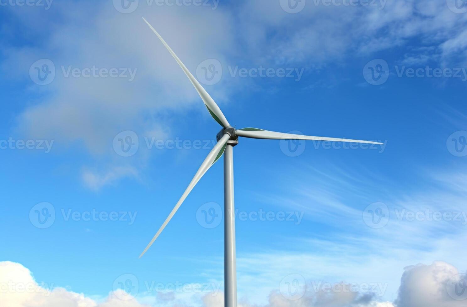 AI generated A white wind turbine against a blue sky, renewable energy innovations concept photo