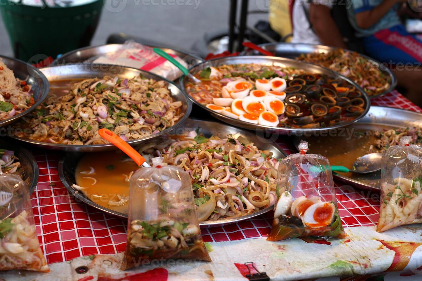 traditional thai food spicy sour Salad selling in the market photo