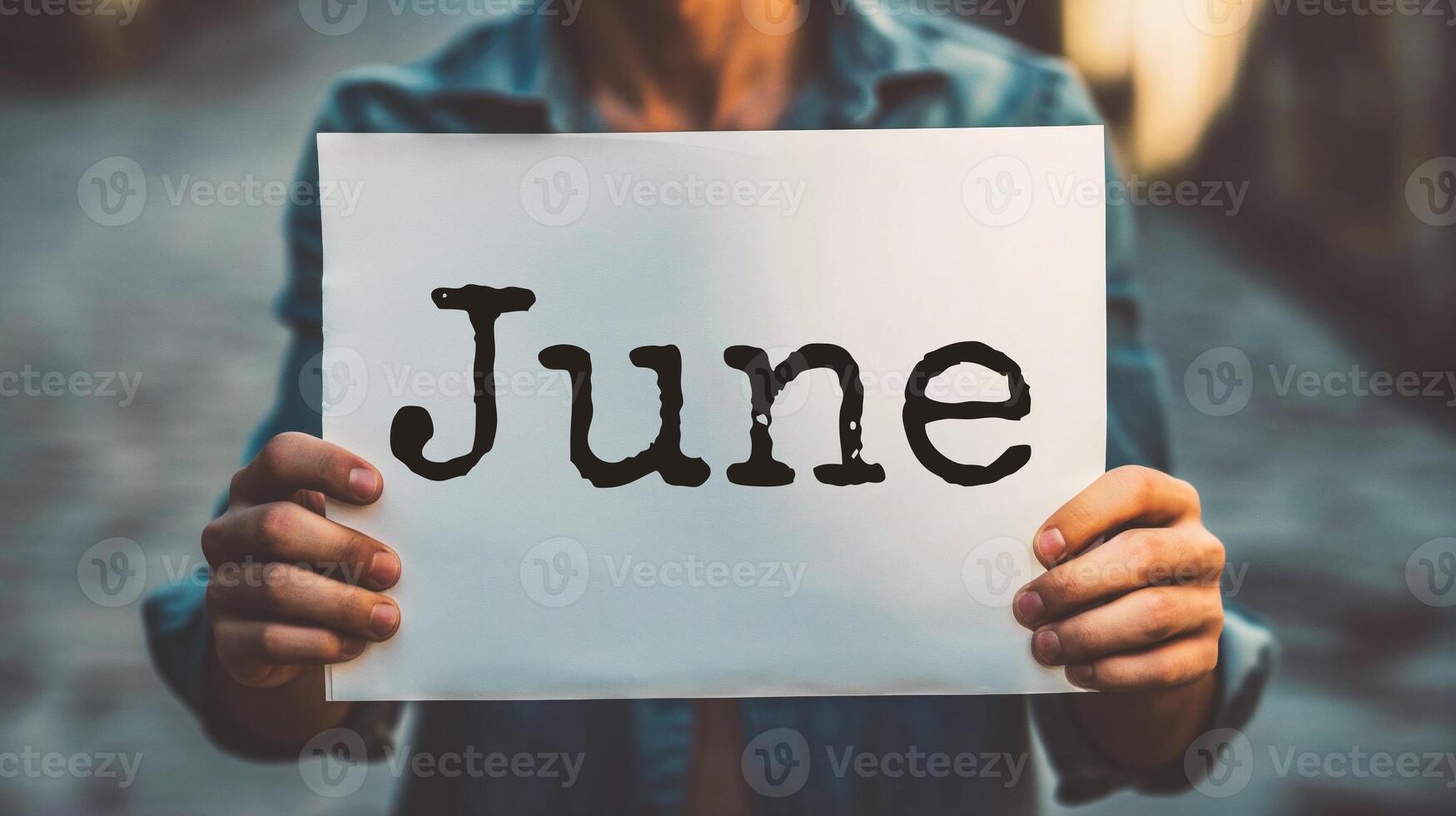 AI generated Hello June. Closeup of a woman holding a card with the word Hello June in her hands photo