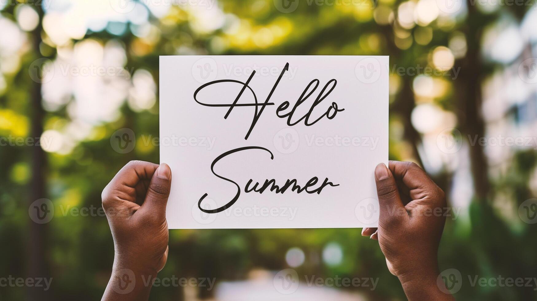 AI generated Closeup of hands holding paper with Hello Summer text on blurred background photo