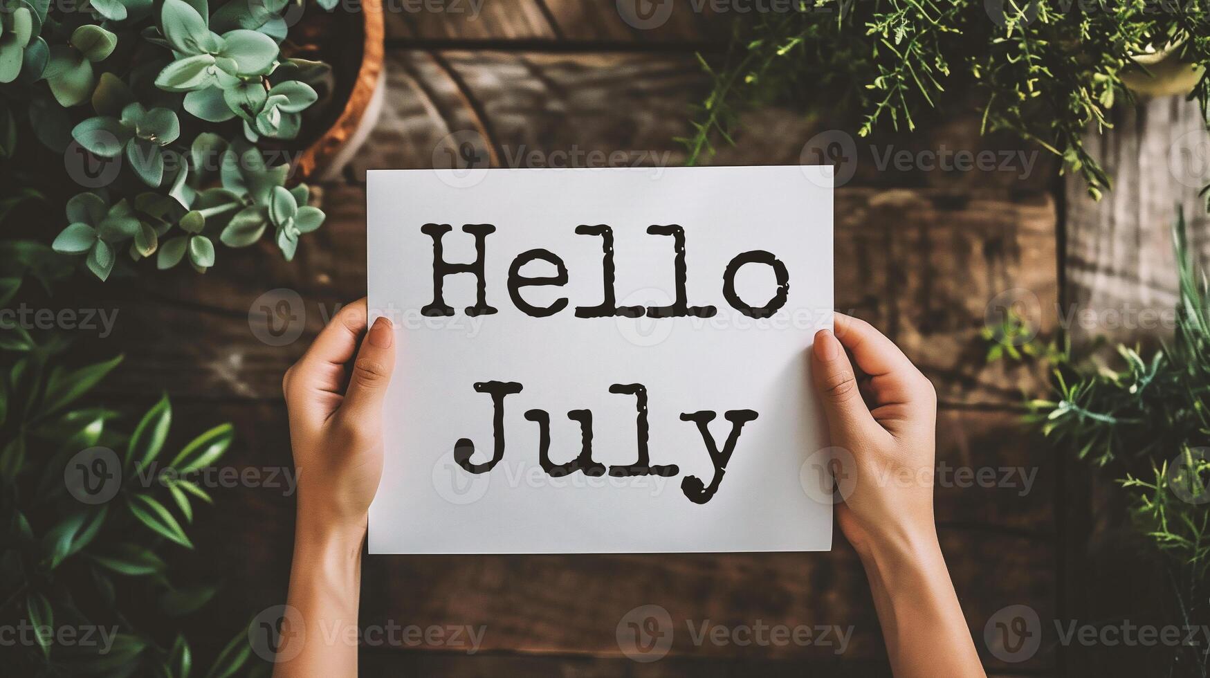 AI generated Hands holding a card with the word Hello July on wooden background photo