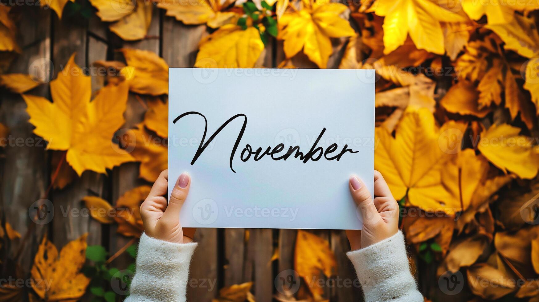 AI generated Hands holding sheet of paper with Hello November text on wooden background photo