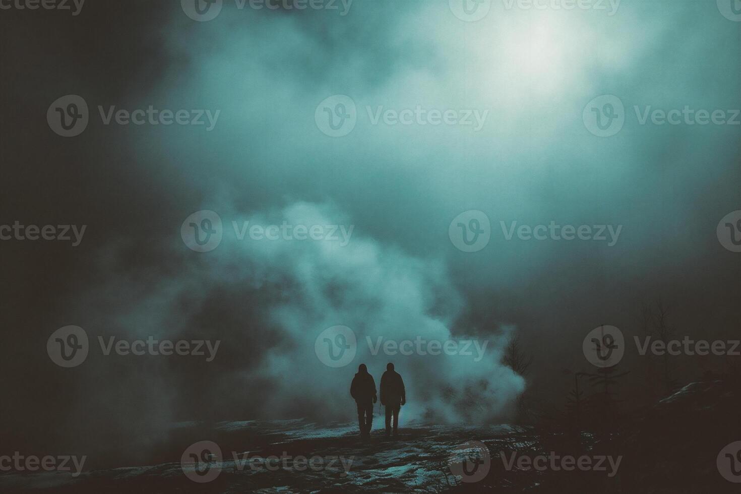 AI generated Men walking in foggy mountains. Couple walking in the fog. photo