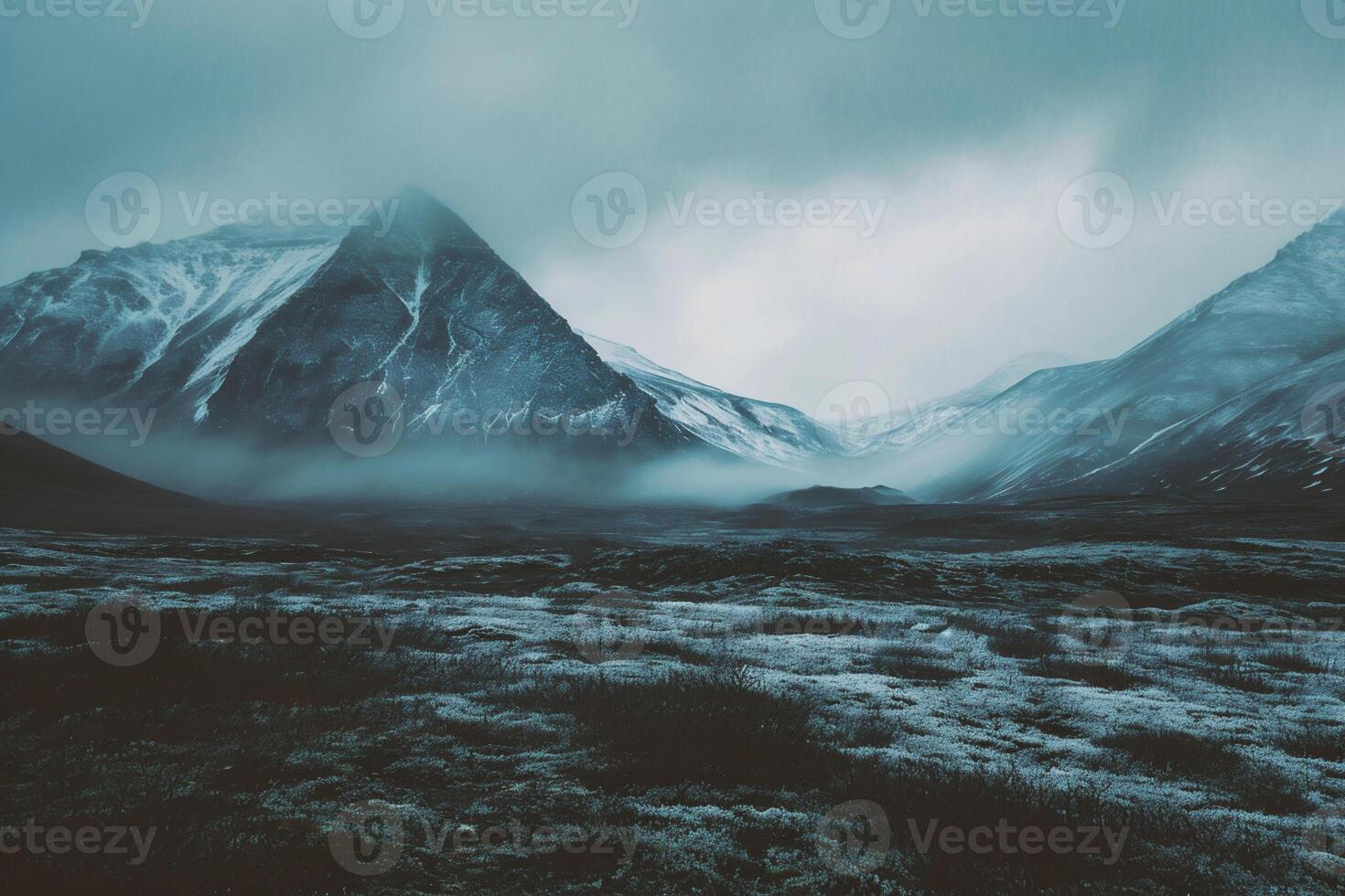 AI generated Icelandic mountain landscape with snow and fog. photo