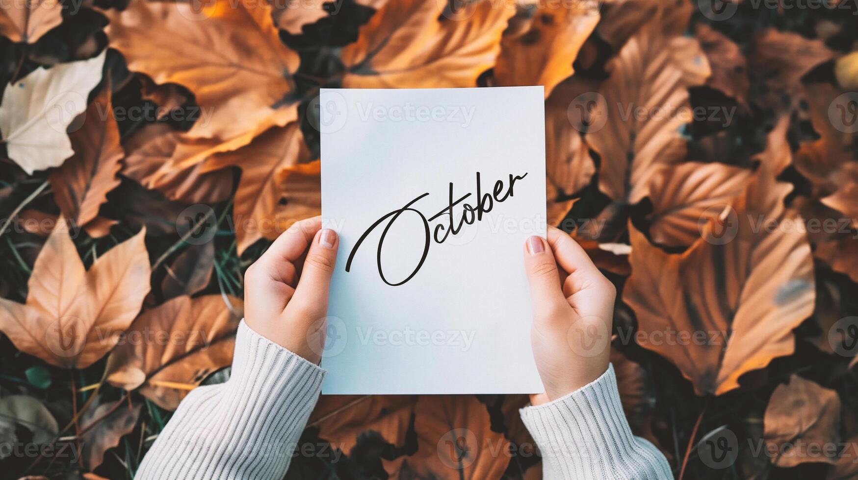 AI generated Hands holding a sheet of paper with the word october in autumn leaves background photo