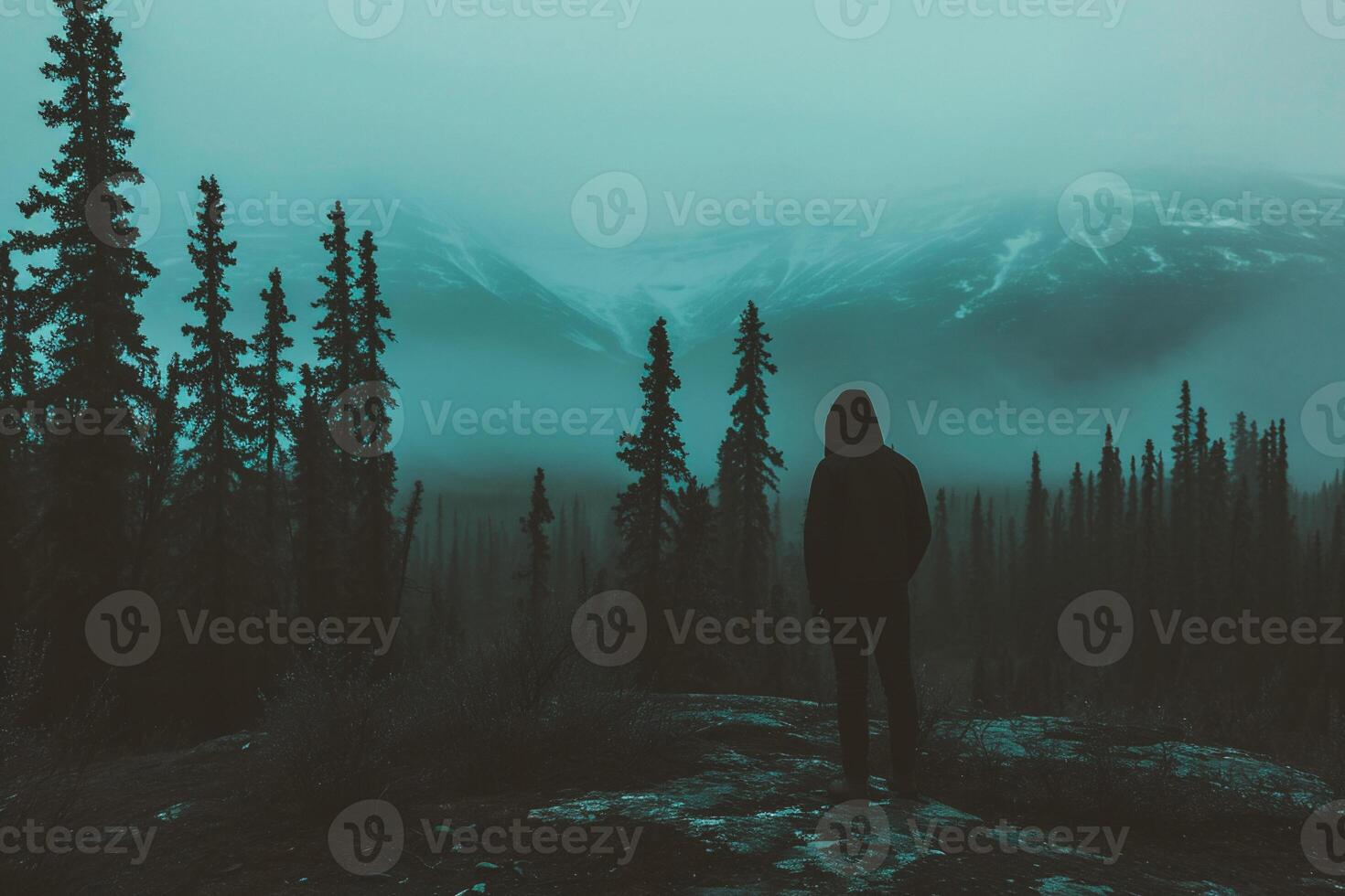 AI generated man hiker on the top of the mountain in a foggy day photo