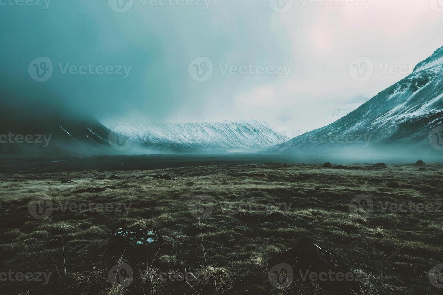 AI generated Icelandic landscape with snow capped mountains in the background photo