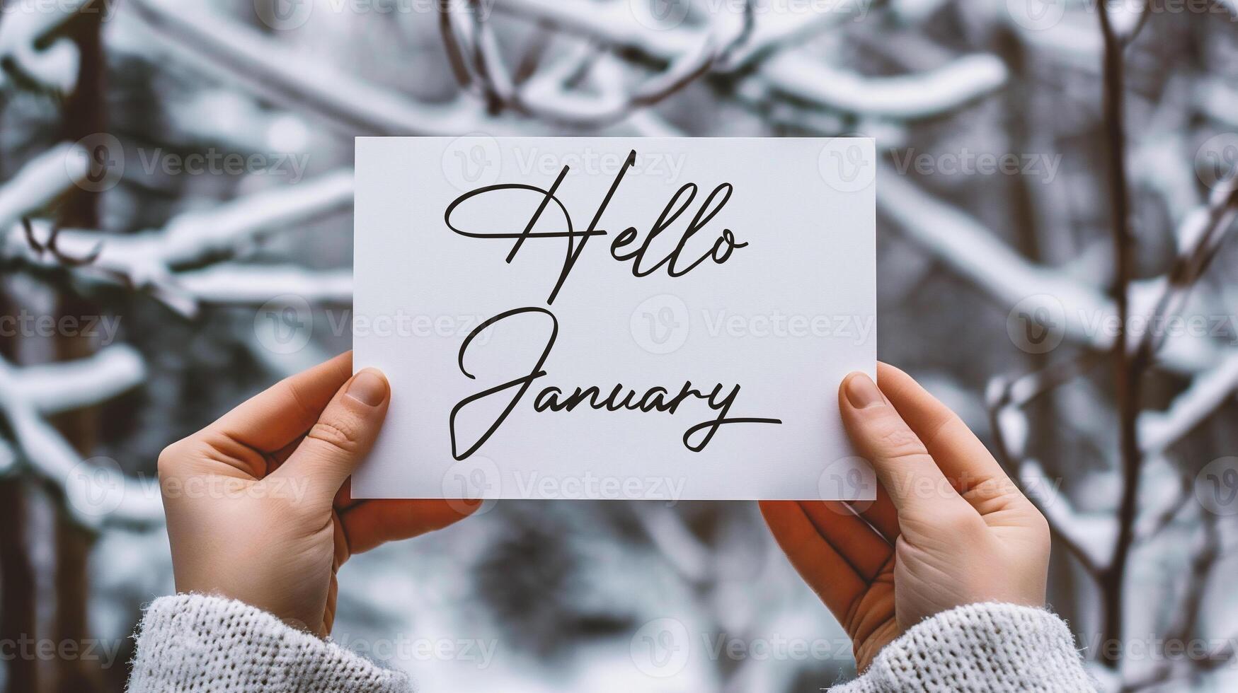 AI generated Hello January card in hands on a background of the winter forest. photo