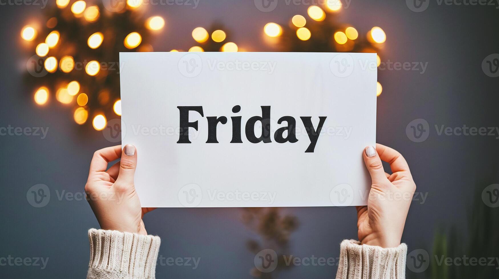 AI generated Female hands holding a card with the word Friday on the background of defocused lights photo