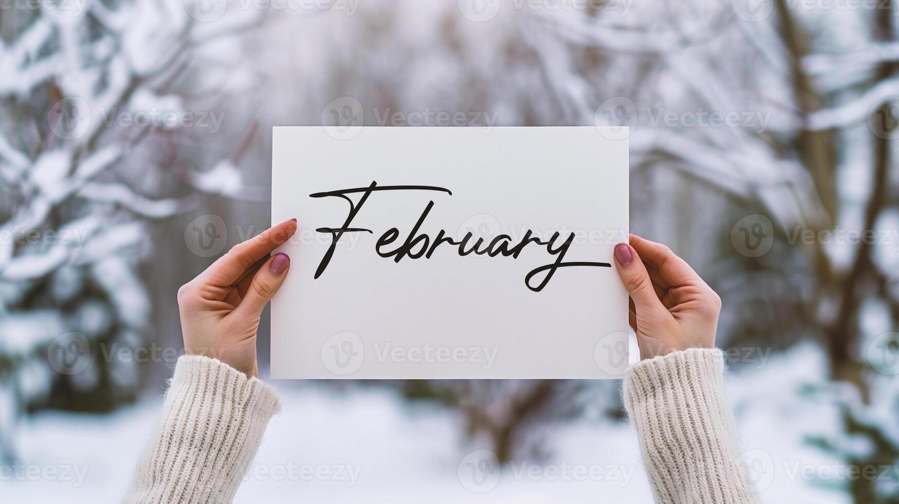 ai generado hembra manos participación un tarjeta con el palabra febrero en el invierno bosque. foto