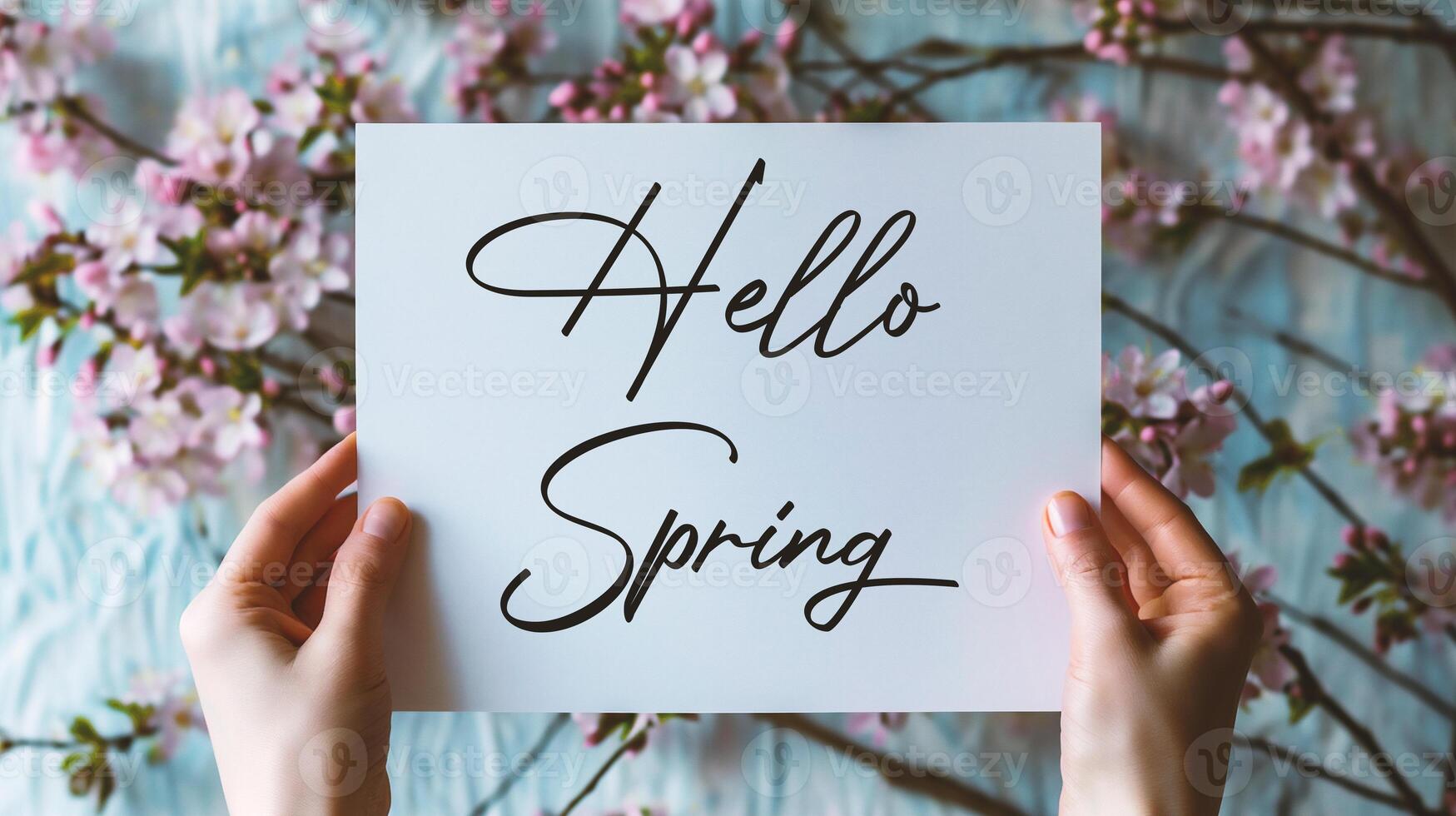 AI generated Hello Spring. Hello spring card with woman hands holding a white sheet of paper with spring blossom background photo