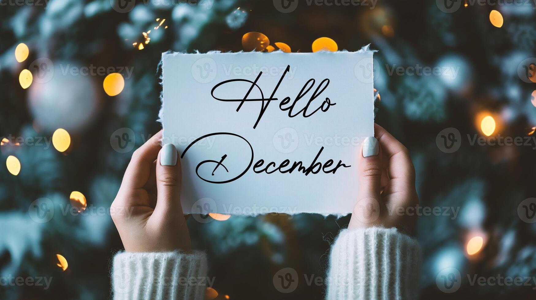 AI generated Hello December card in female hands on the background of the winter forest. photo
