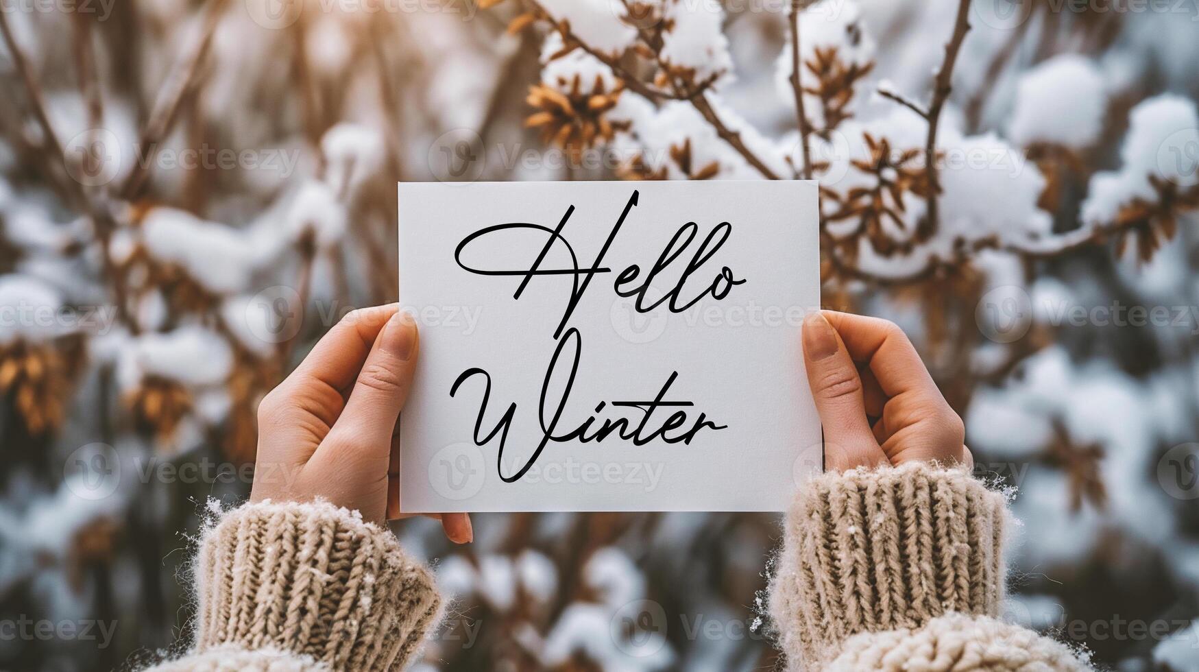 AI generated Female hands holding a card with Hello Winter text. Winter background. photo