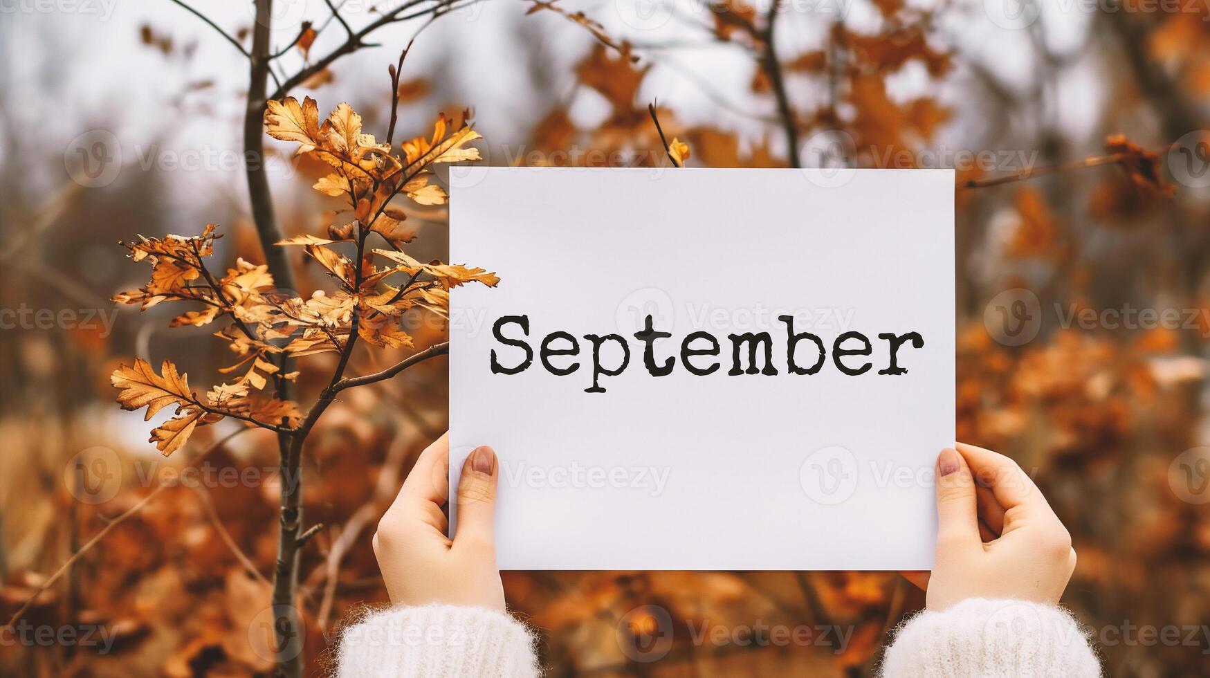 AI generated Woman holding a piece of paper with the word september. photo