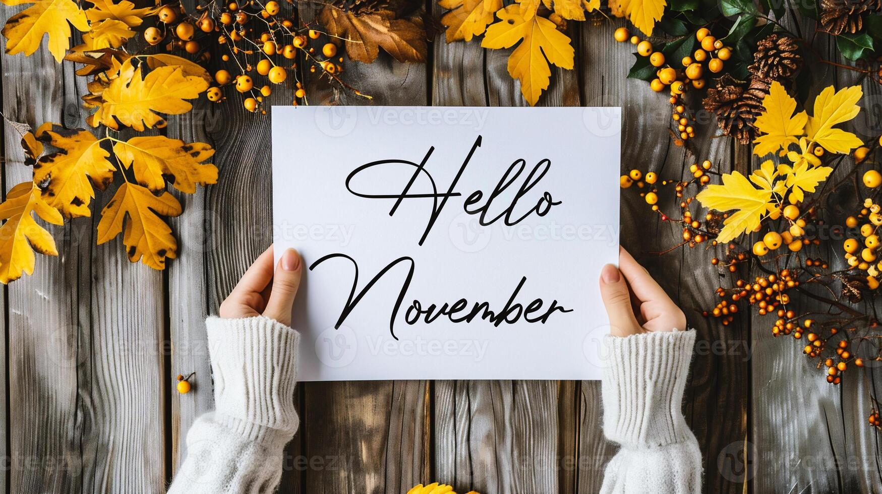 AI generated Hands holding sheet of paper with Hello November text on wooden background photo