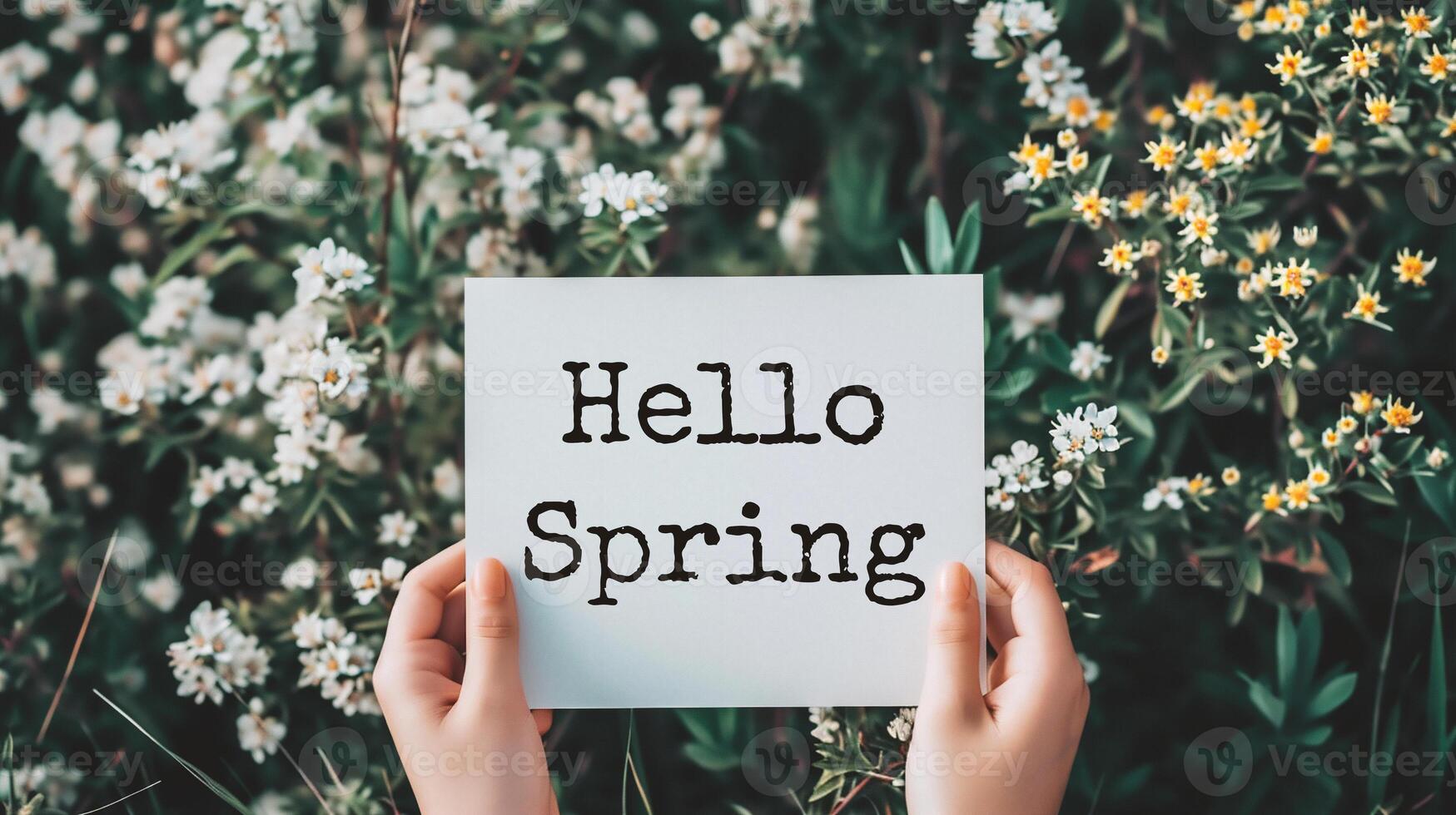 AI generated Hello Spring. Hello spring card with woman hands holding a white sheet of paper with spring blossom background photo