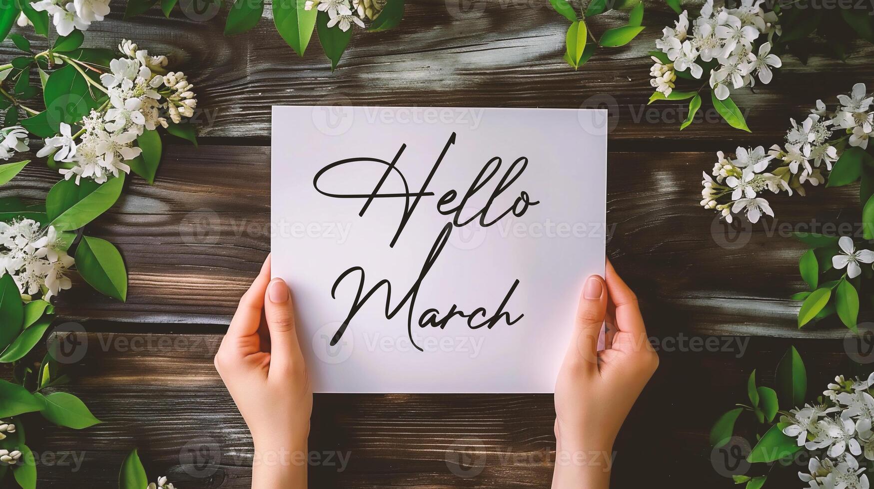 AI generated Hello March text on white card in female handsle background. photo