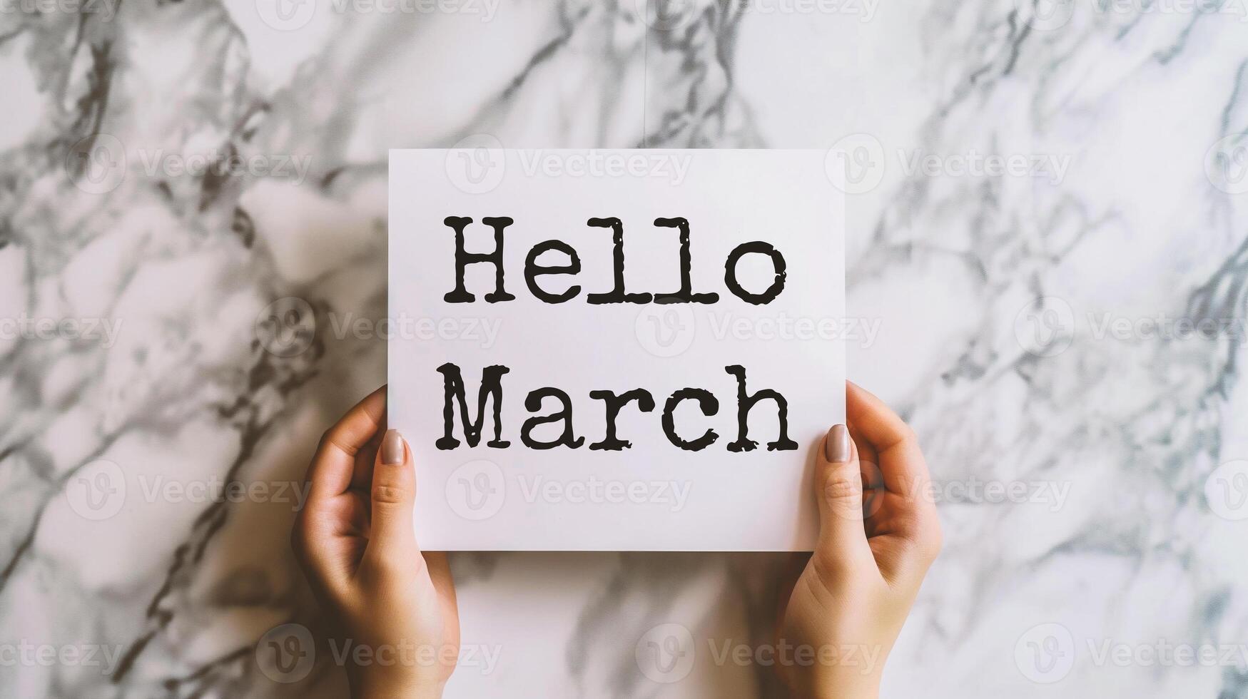 AI generated Hello March text on white card in female handsle background. photo