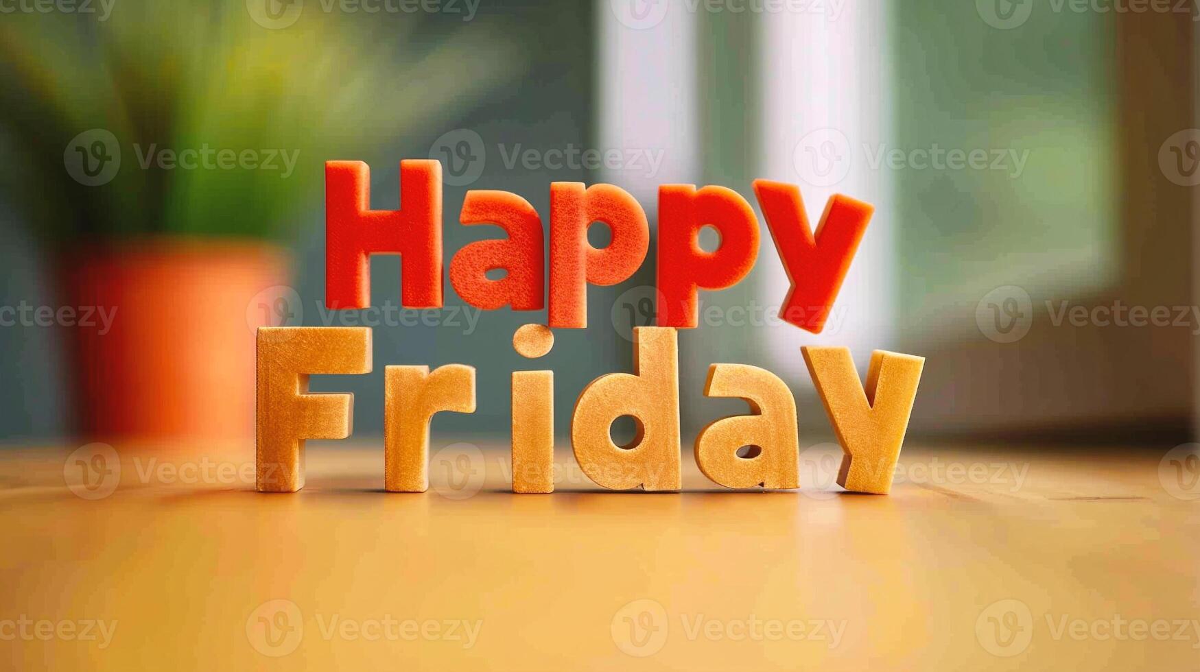AI generated Happy Friday. Wooden letters on the table. Blurred background. photo