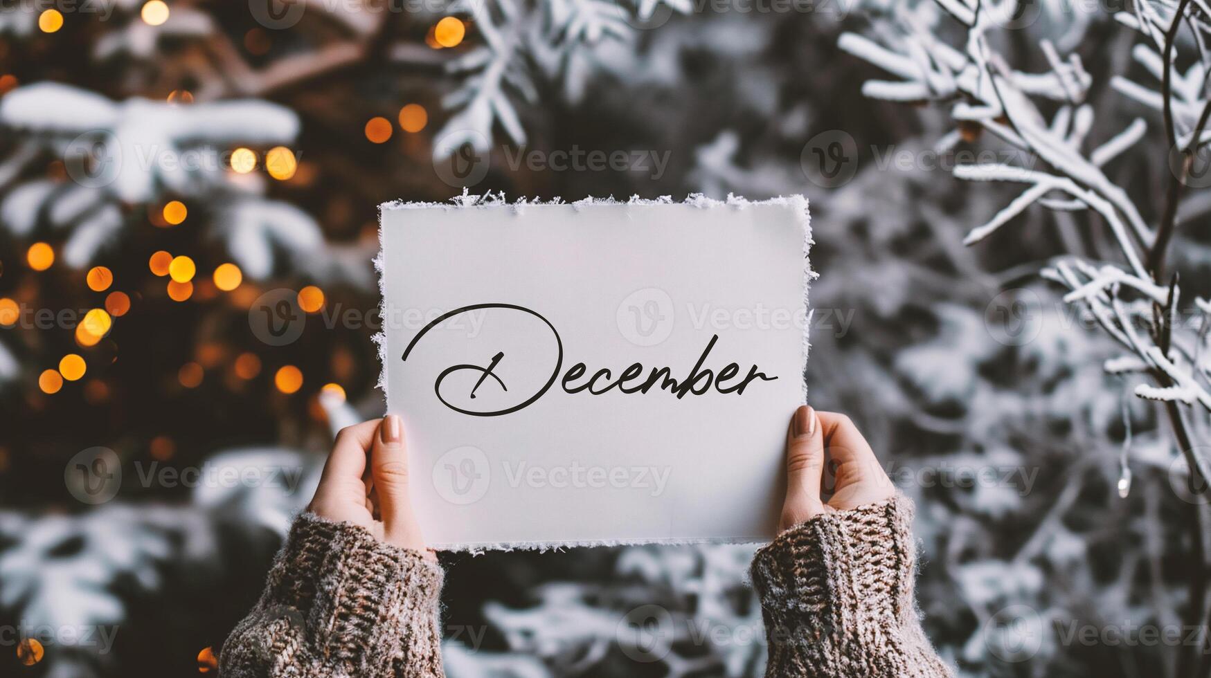 AI generated Hello December card in female hands on the background of the winter forest. photo