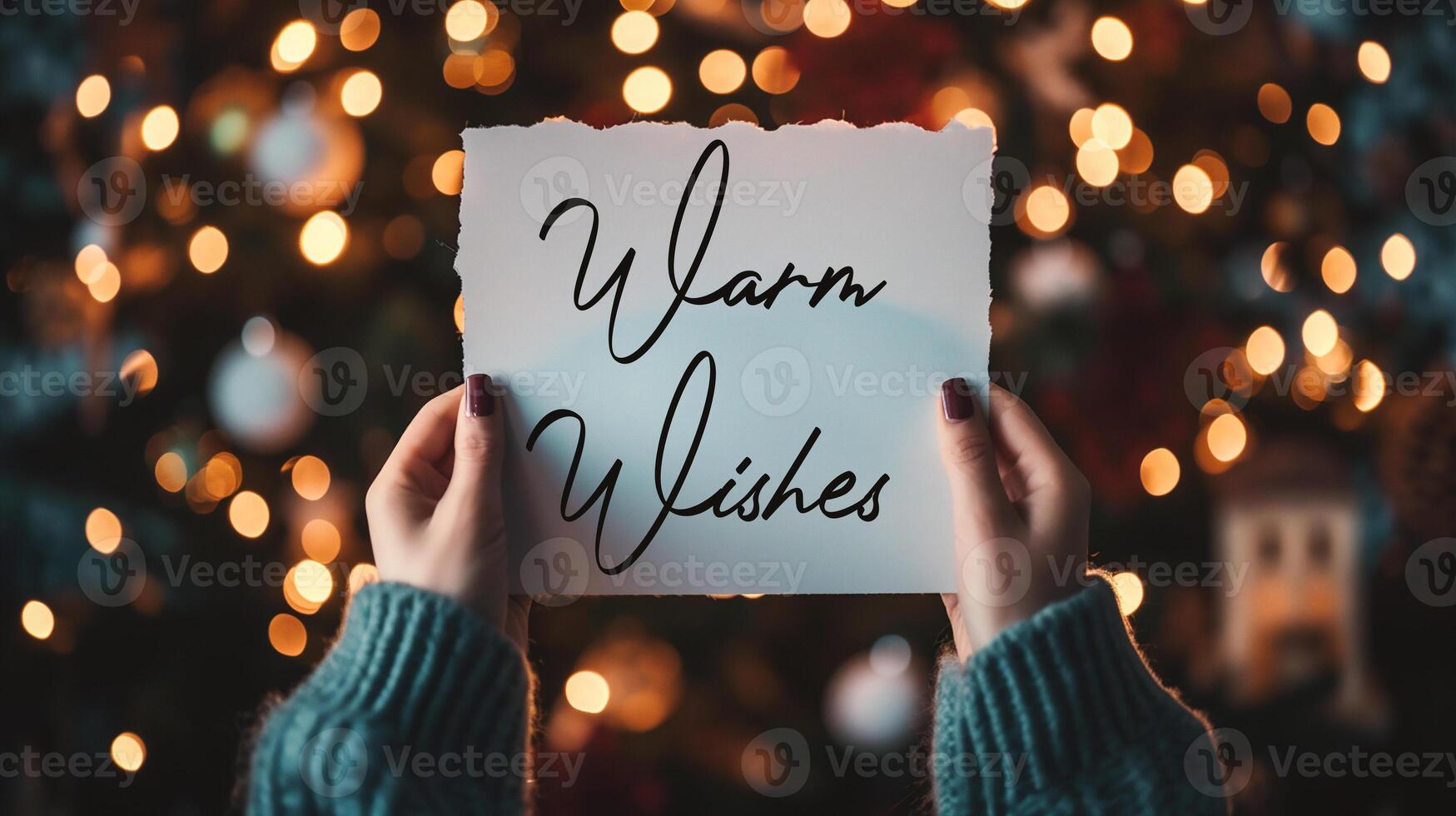 AI generated cropped shot of woman holding card with merry christmas lettering photo