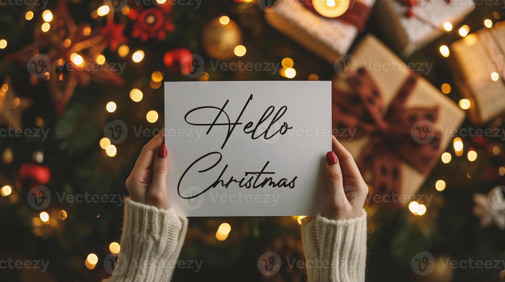 AI generated Hands holding a card with the text Hello Christmas in front of a Christmas background photo