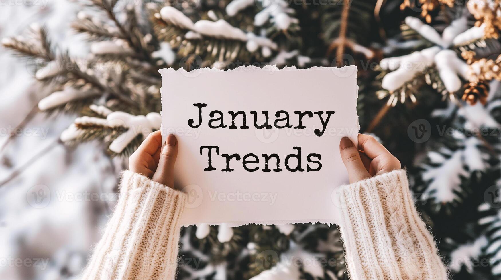 AI generated Female hands holding a card with the text JANUARY TRENDS. Christmas background. photo