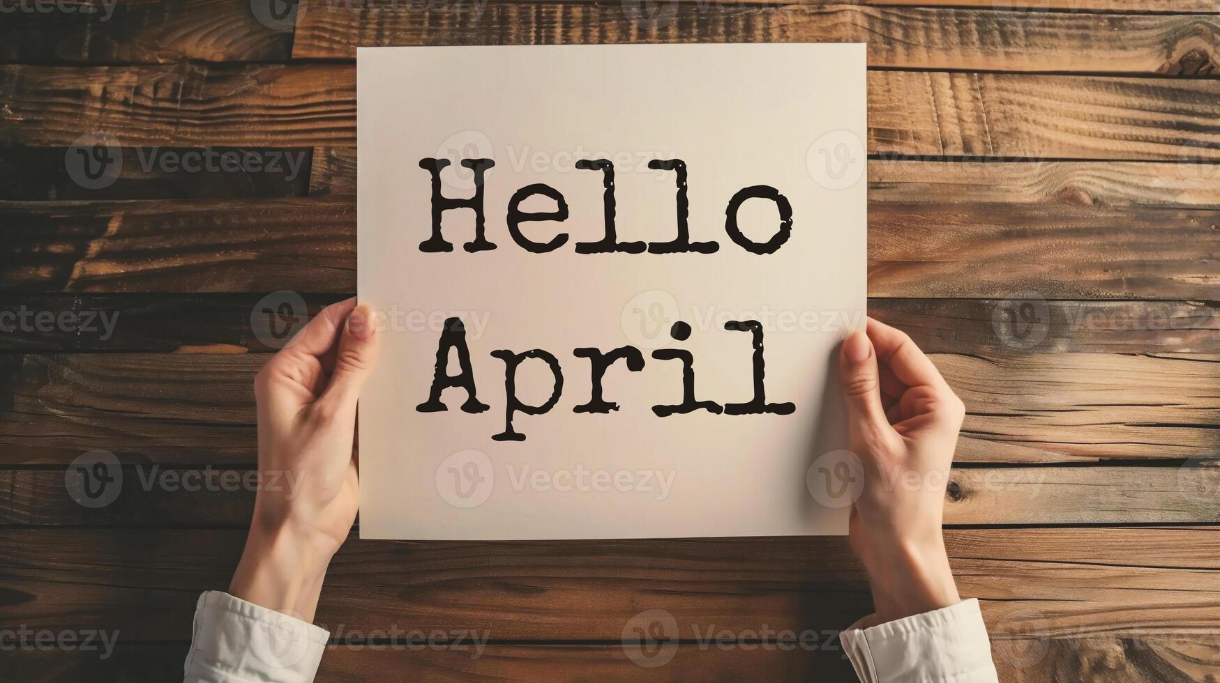 AI generated woman holding card with hello april lettering photo