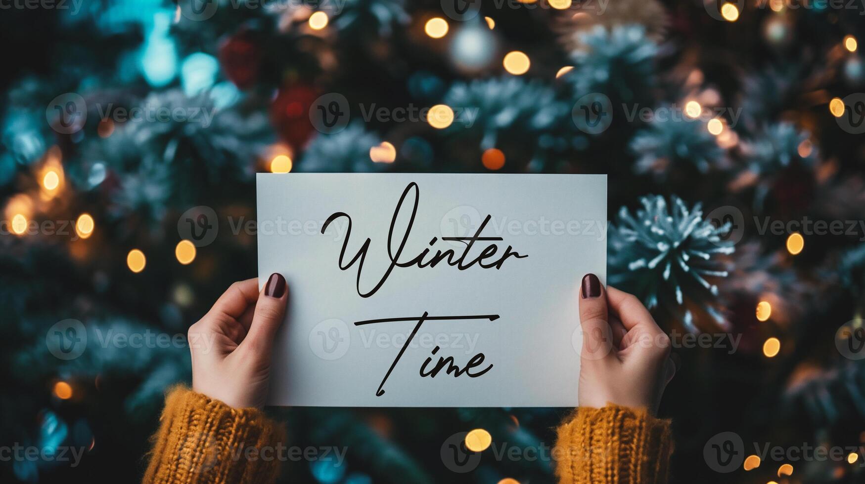 AI generated Christmas and New Year concept. Woman holding card with text Happy Holidays. photo