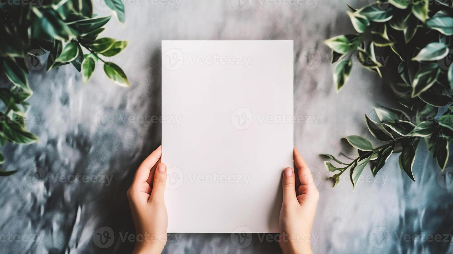 AI generated Female hands holding blank white paper sheet with copy space for text. photo