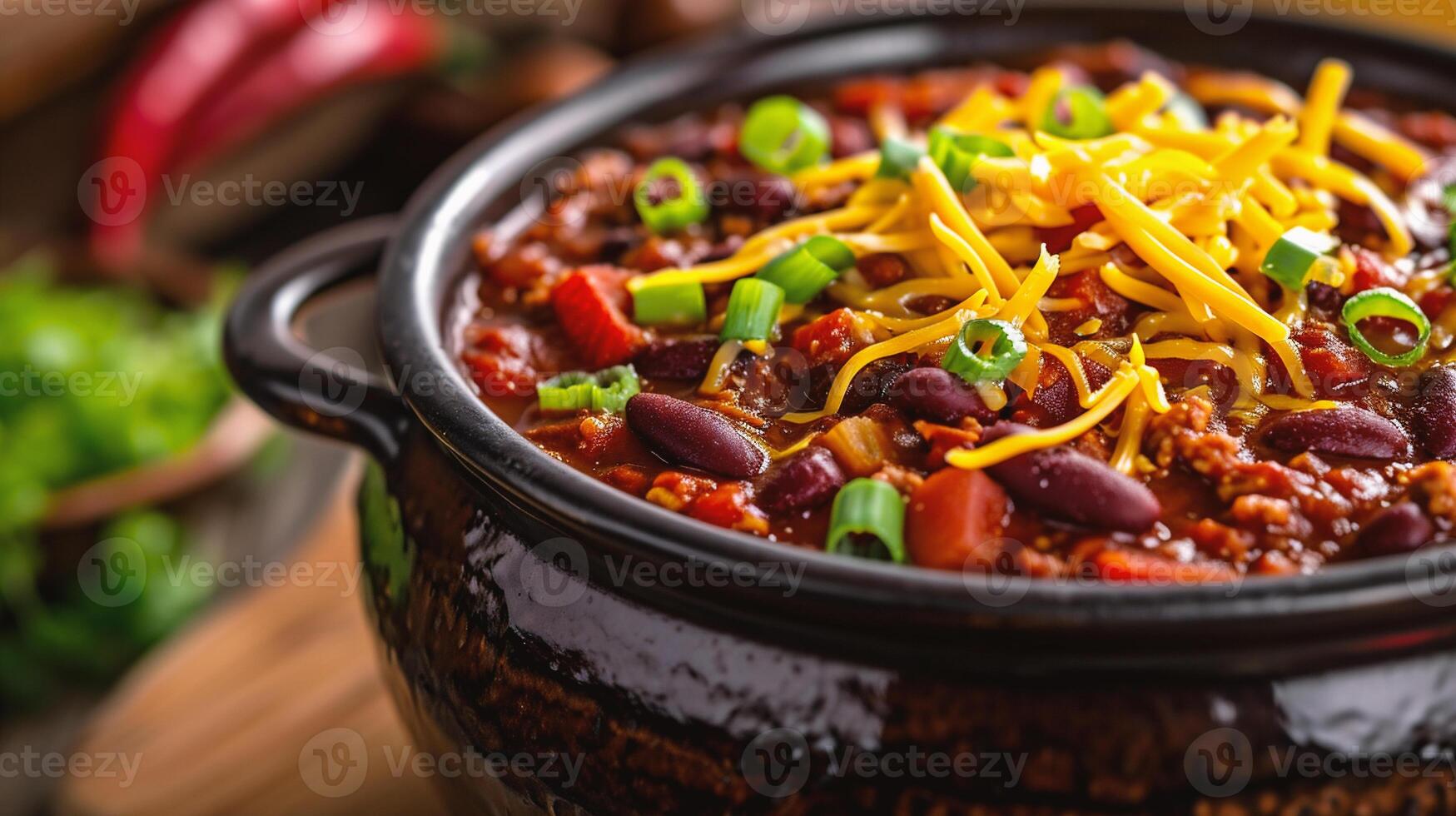 AI generated Chili con carne in a bowl on wooden table, closeup photo