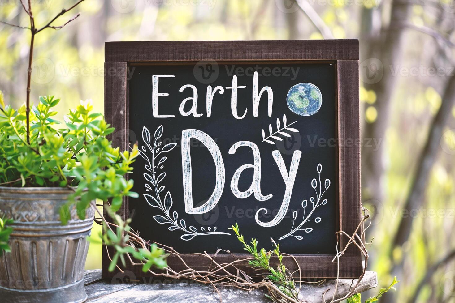 AI generated Earth Day lettering on chalkboard in the green forest background. photo