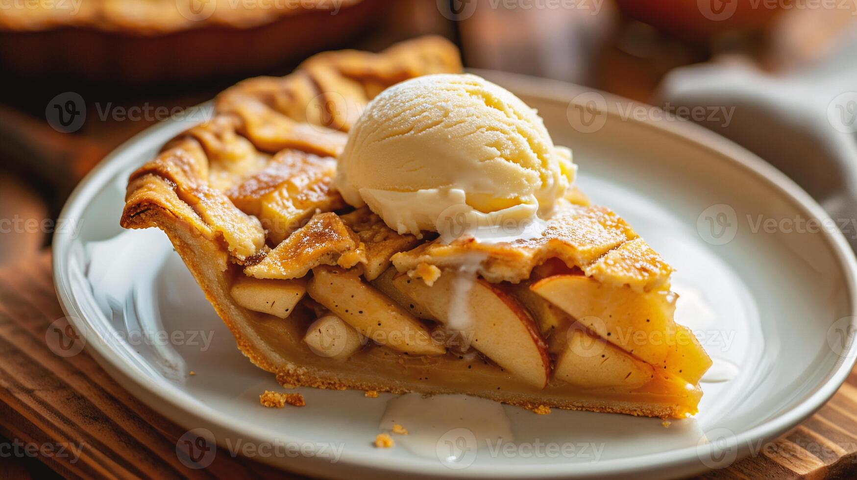 ai generado manzana tarta con hielo crema en de madera antecedentes. selectivo enfocar. foto