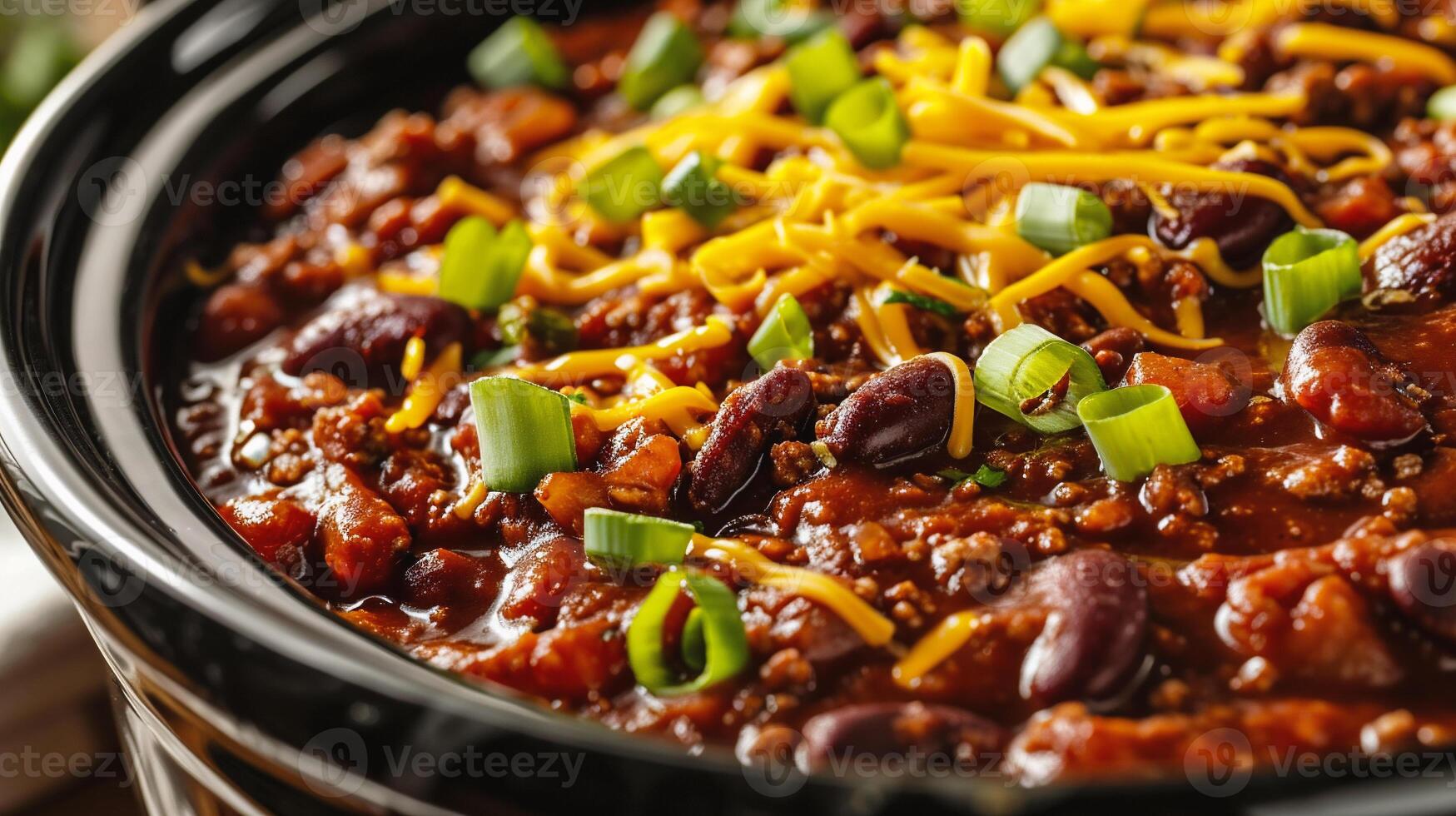 AI generated Chili con carne in a bowl on wooden table, closeup photo