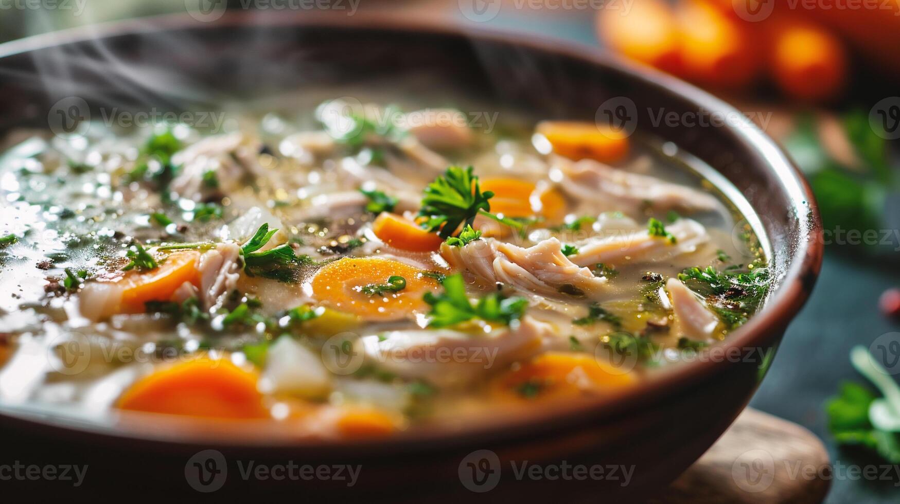 ai generado pollo sopa con vegetales y hierbas en un cuenco en un de madera mesa foto