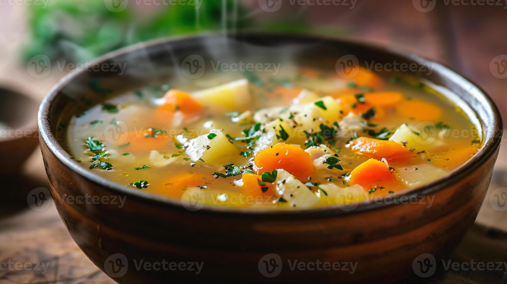 AI generated Chicken soup with vegetables and herbs in a bowl on a wooden table photo