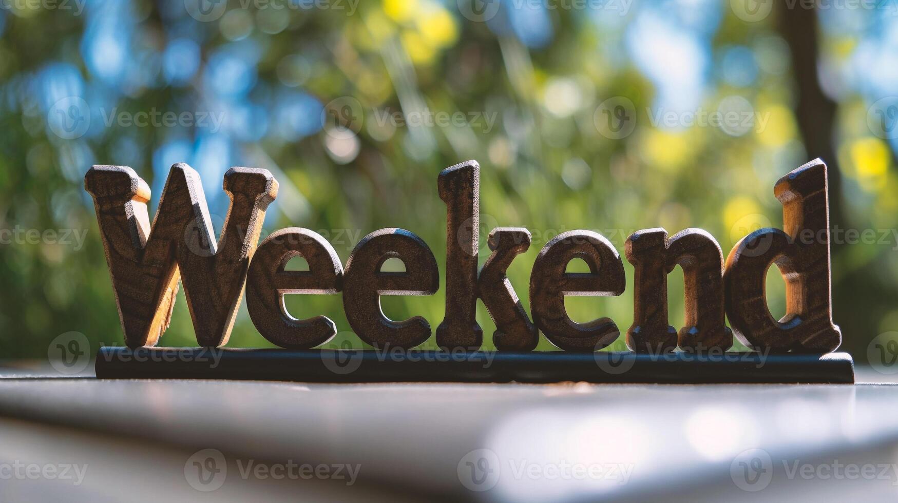 AI generated Wooden sign with the word weekend in the background of green trees photo